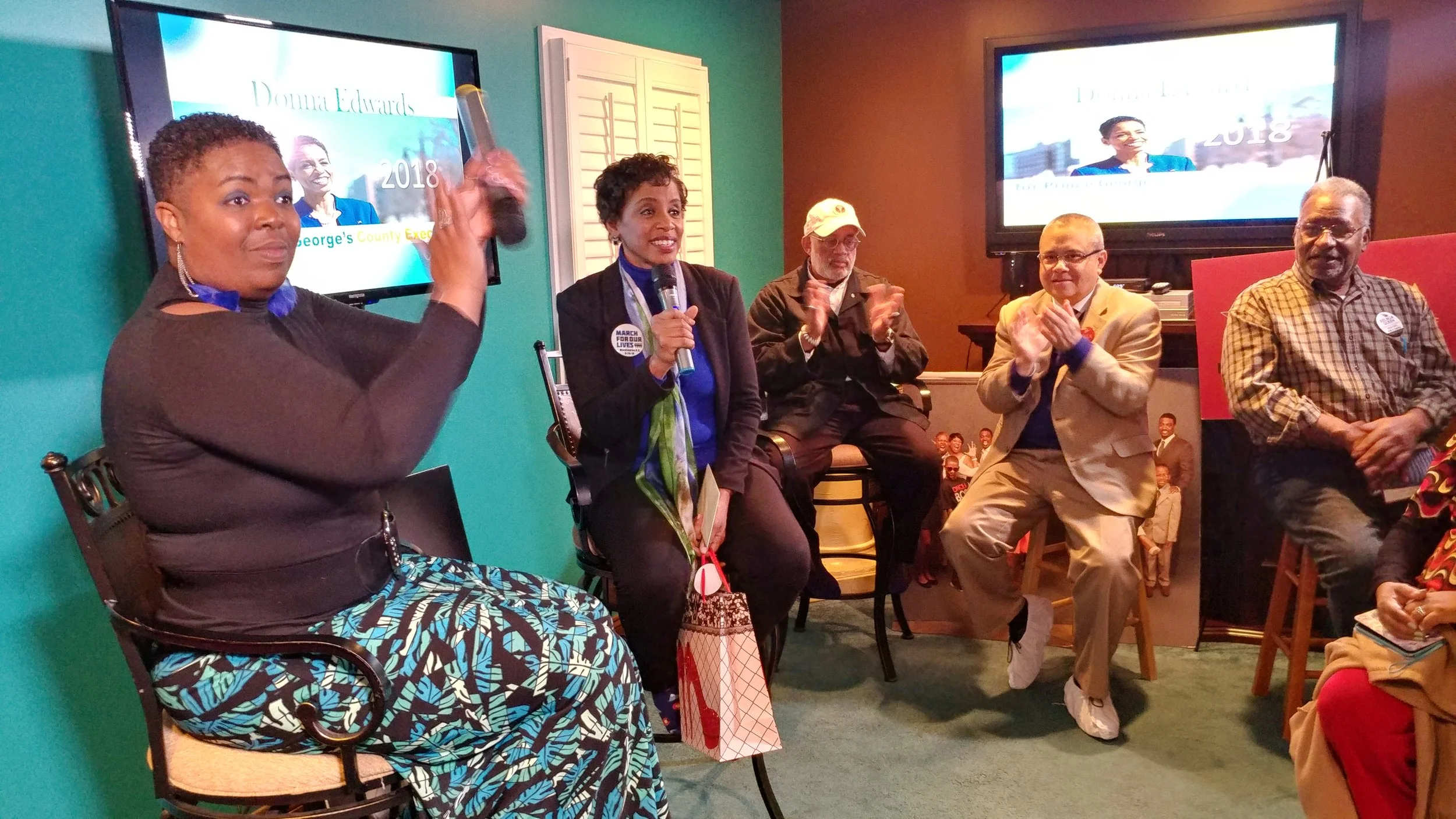 Karen McConnell-Jones (at left) with County Executive Candidate Donna Edwards who was one of many women candidates to speak at McConnell-Jones' home.