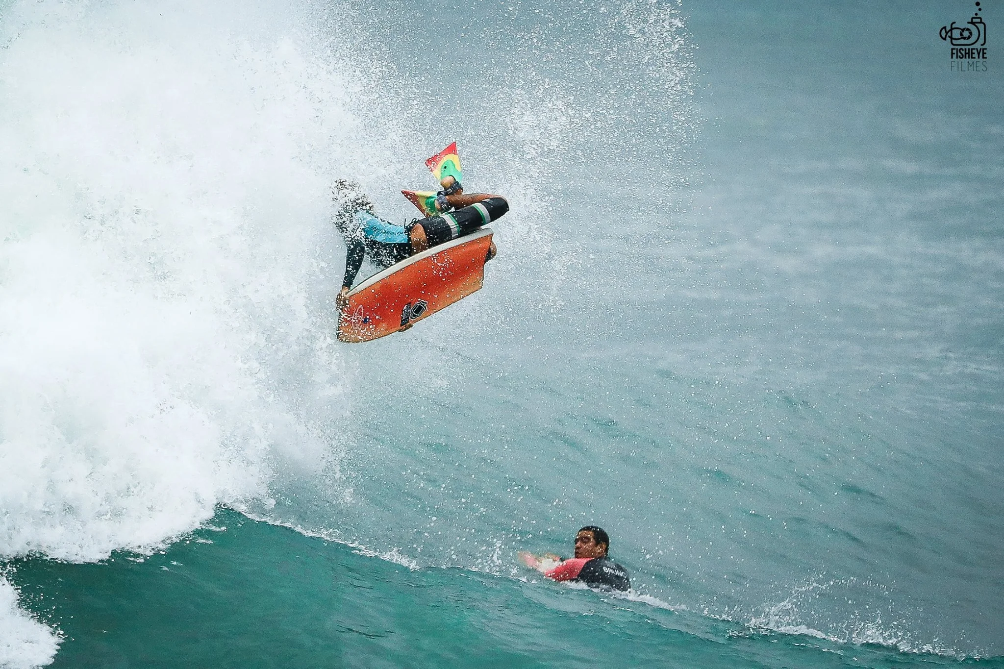 Professional bodyboarder Erik Silvino boosting.