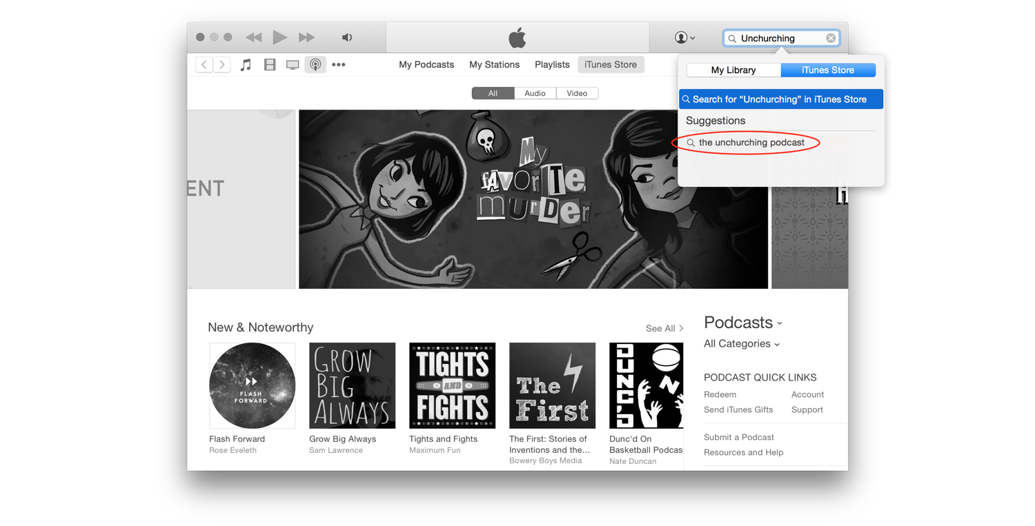 Type "Unchurching" into the search bar and select "The Unchurching Podcast".
