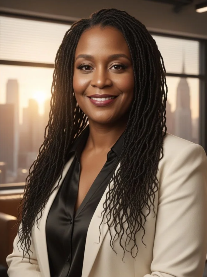 Professional woman with long dreadlocks smiling in an office with city skyline view in the background.