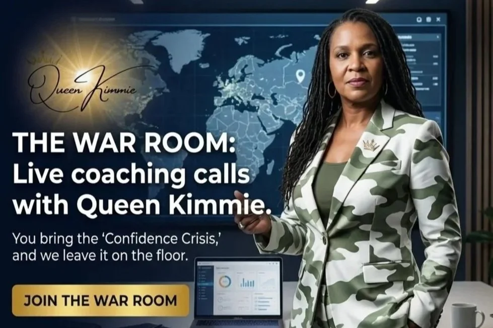 A woman in a camouflage blazer standing in front of a large digital screen with a world map, promoting live coaching calls with Queen Kimmie, featuring a laptop with data visualizations and a "Join the War Room" button.