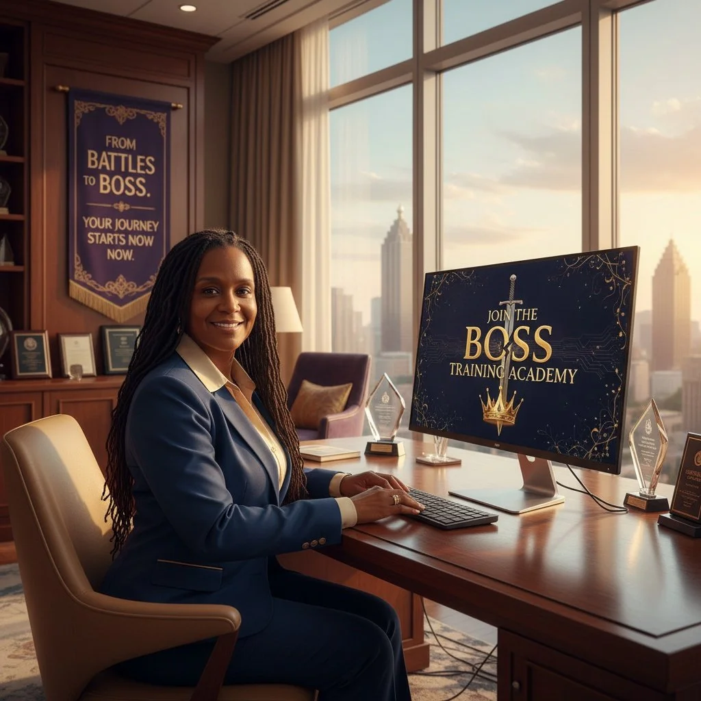 A woman in a business suit sitting at a desk in a modern office with a city skyline view, smiling at the camera, with banners promoting a boss training academy and personal success.