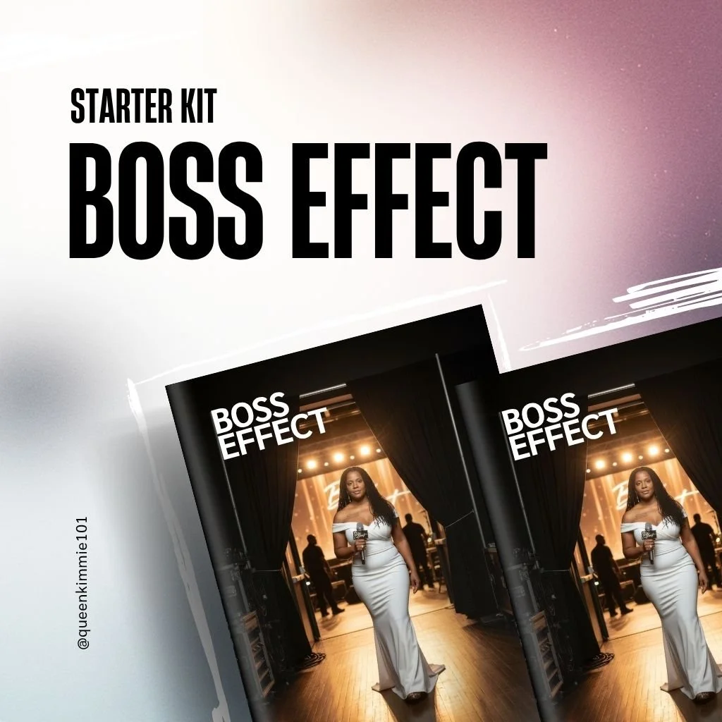 Image of a starter kit box labeled "Boss Effect" featuring a woman in a white dress holding a microphone, standing under stage lights with a dark curtain and silhouette figures in the background.