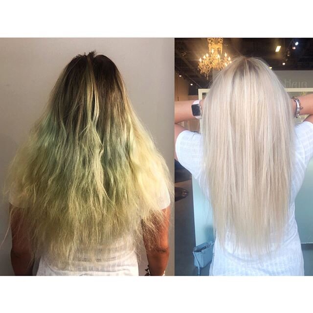Another quarantine project 🙃 on my girl @carigann. She put a &ldquo;temporary&rdquo; indigo color on her white blonde at the beginning of quarantine for a fun change (not knowing it wasn&rsquo;t truly temporary). I had her use dish soap and deep con