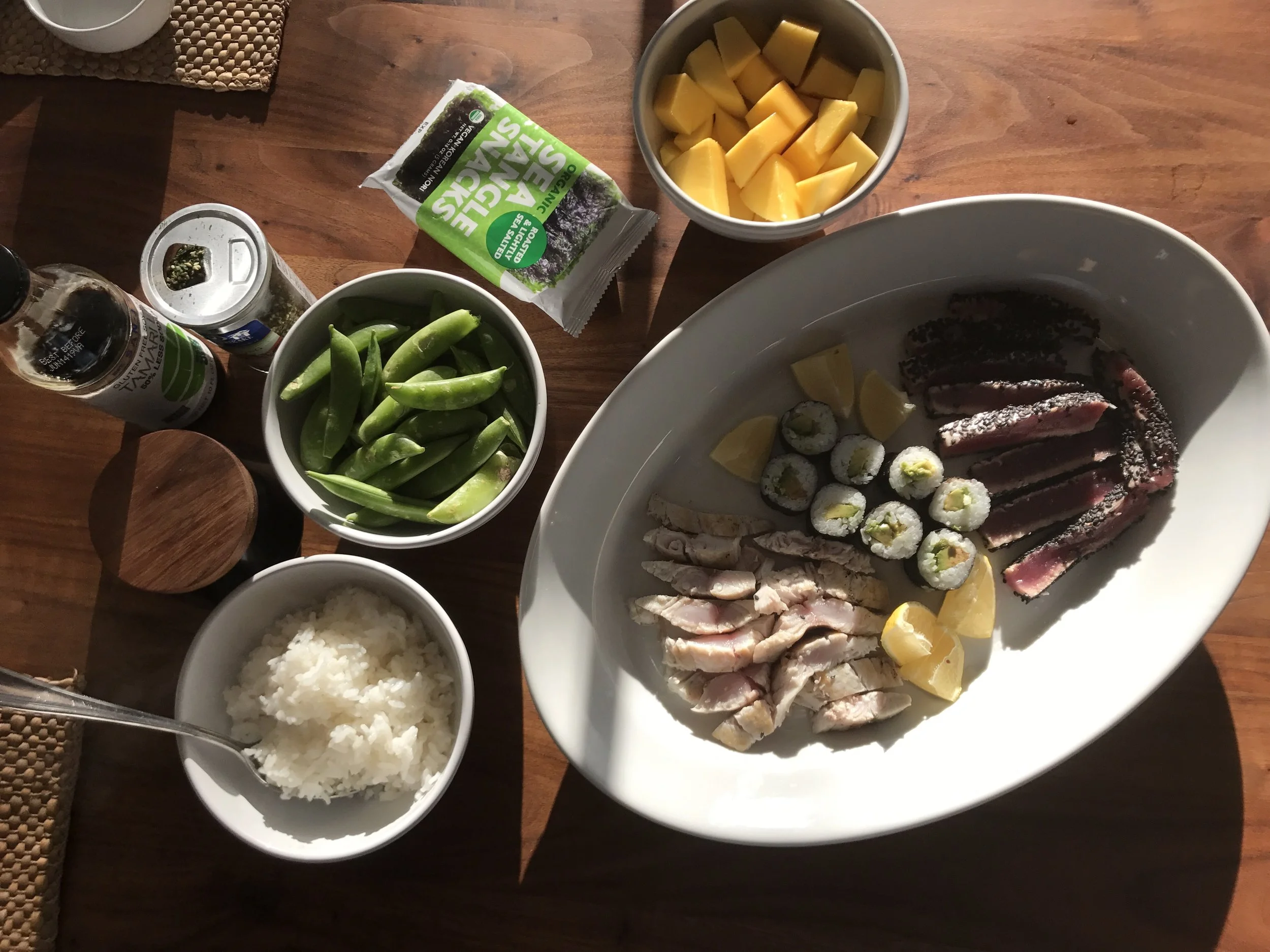 Sushi Rolls, Seared Tuna, Sticky Rice, Mango and Edamame