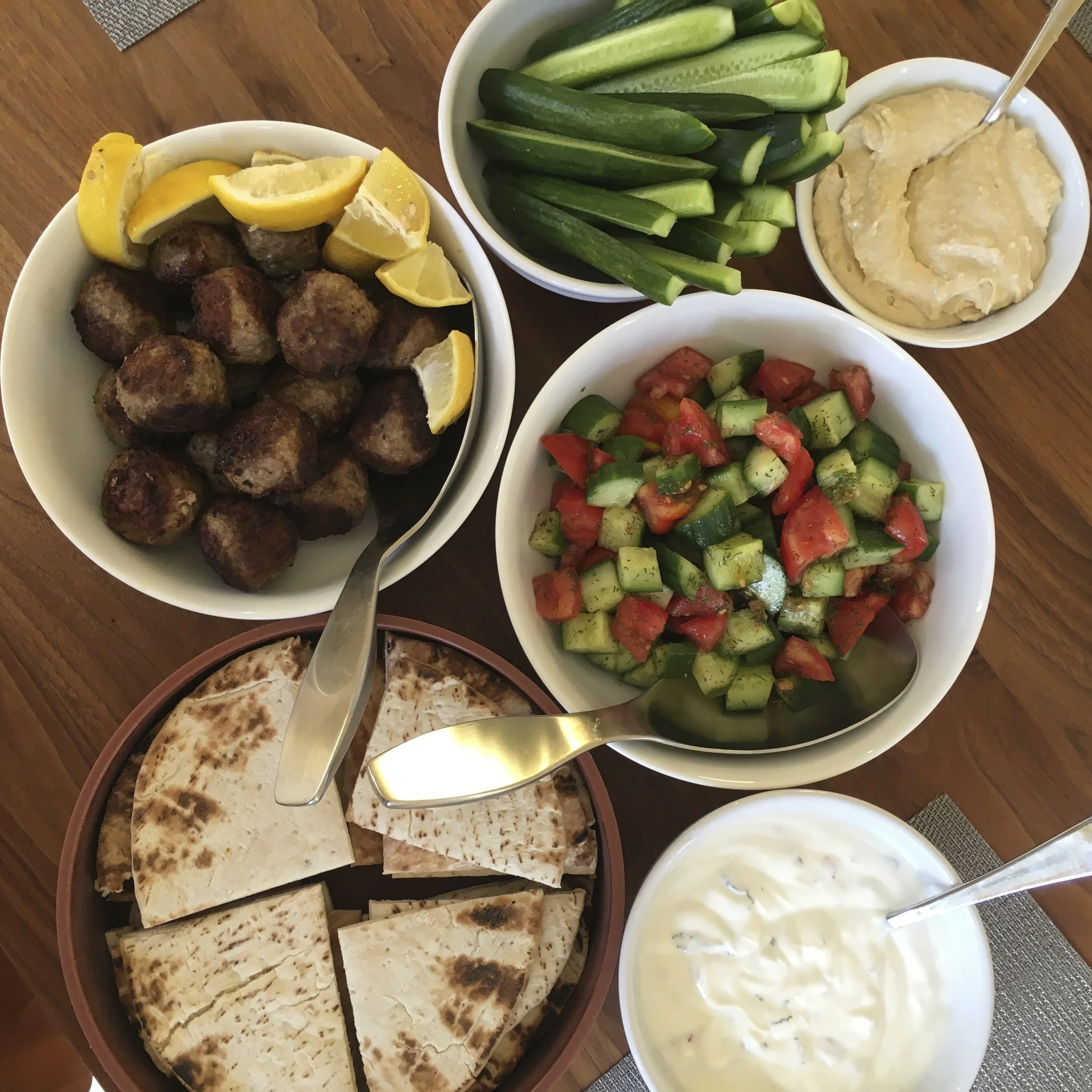 Lamb Meatballs, Greek Salad, Pita and Dips