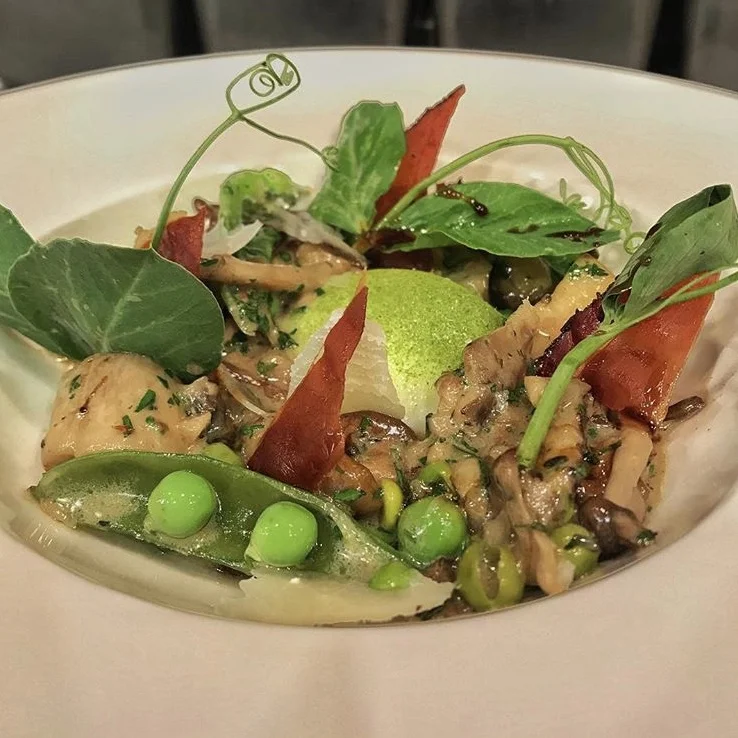 Spring Pea, Mushrooms, Polenta with Speck