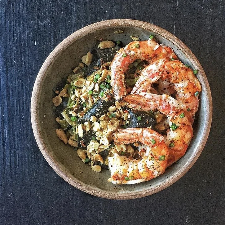 Royal Red Shrimp, Kale, Szechuan Pepper over Squid Ink Noodles