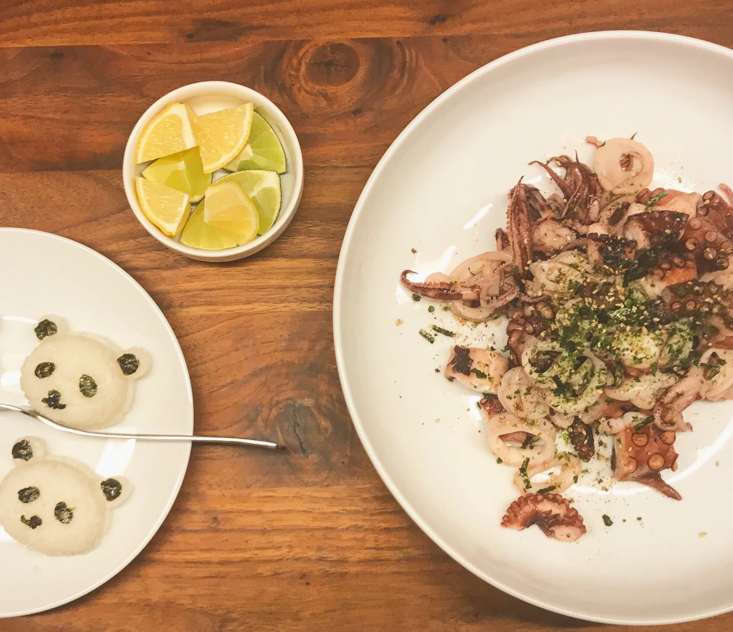 Panda Rice Cakes w Grilled Squid and Furikake
