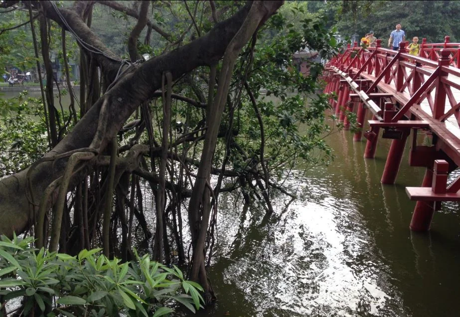  crossing the lake on the red bridge 