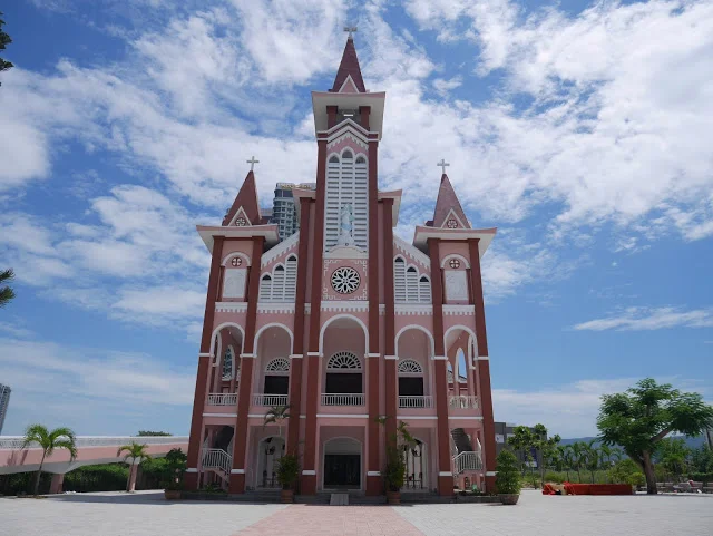  a beautiful pink church along the river in Da Nang, Vietnam 