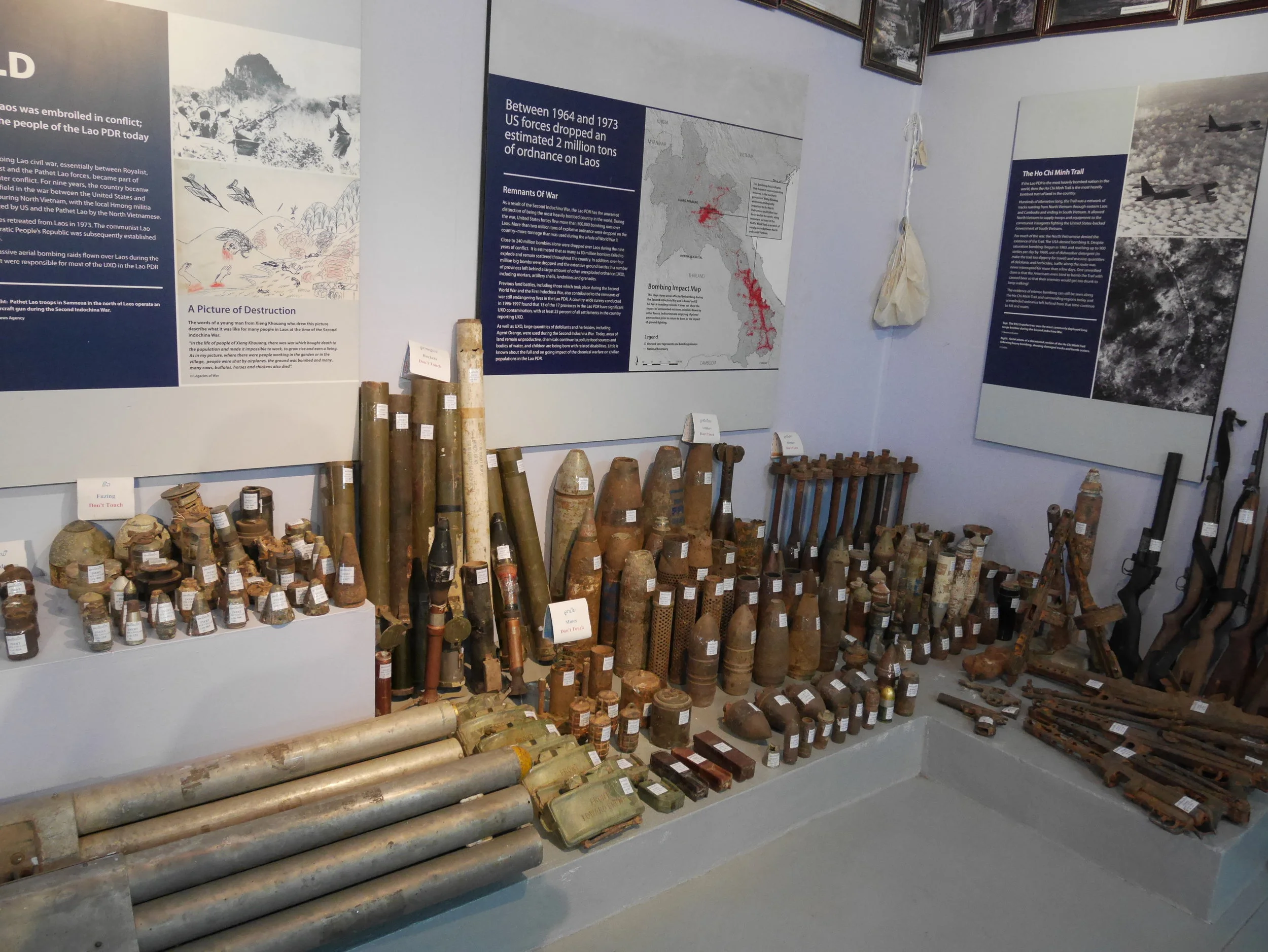  casings from various explosives dug up all throughout the country on display at the UXO Museum in Luang Prabang, Laos 