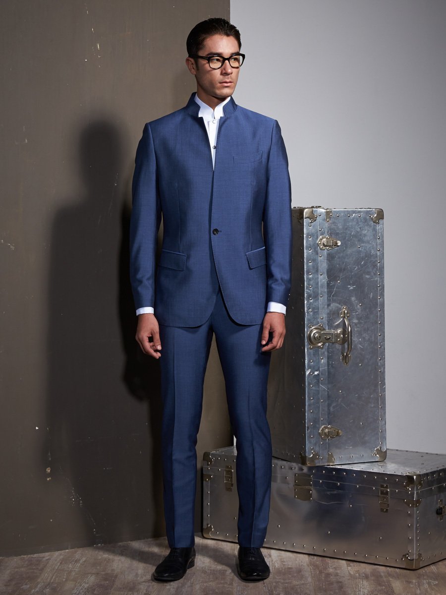 navy custom suit in a silk and wool blend