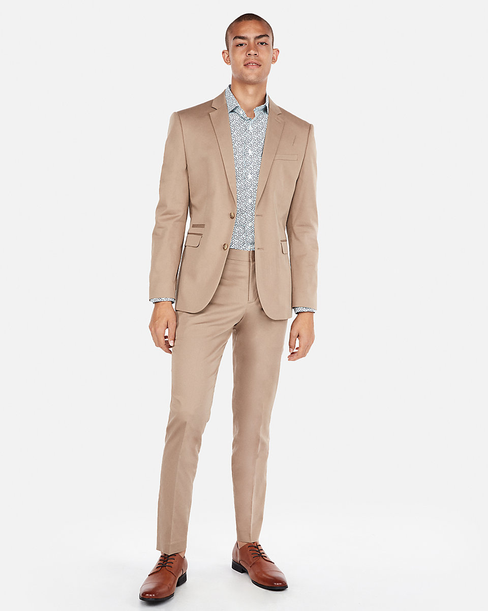 custom tan suit with brown shoes