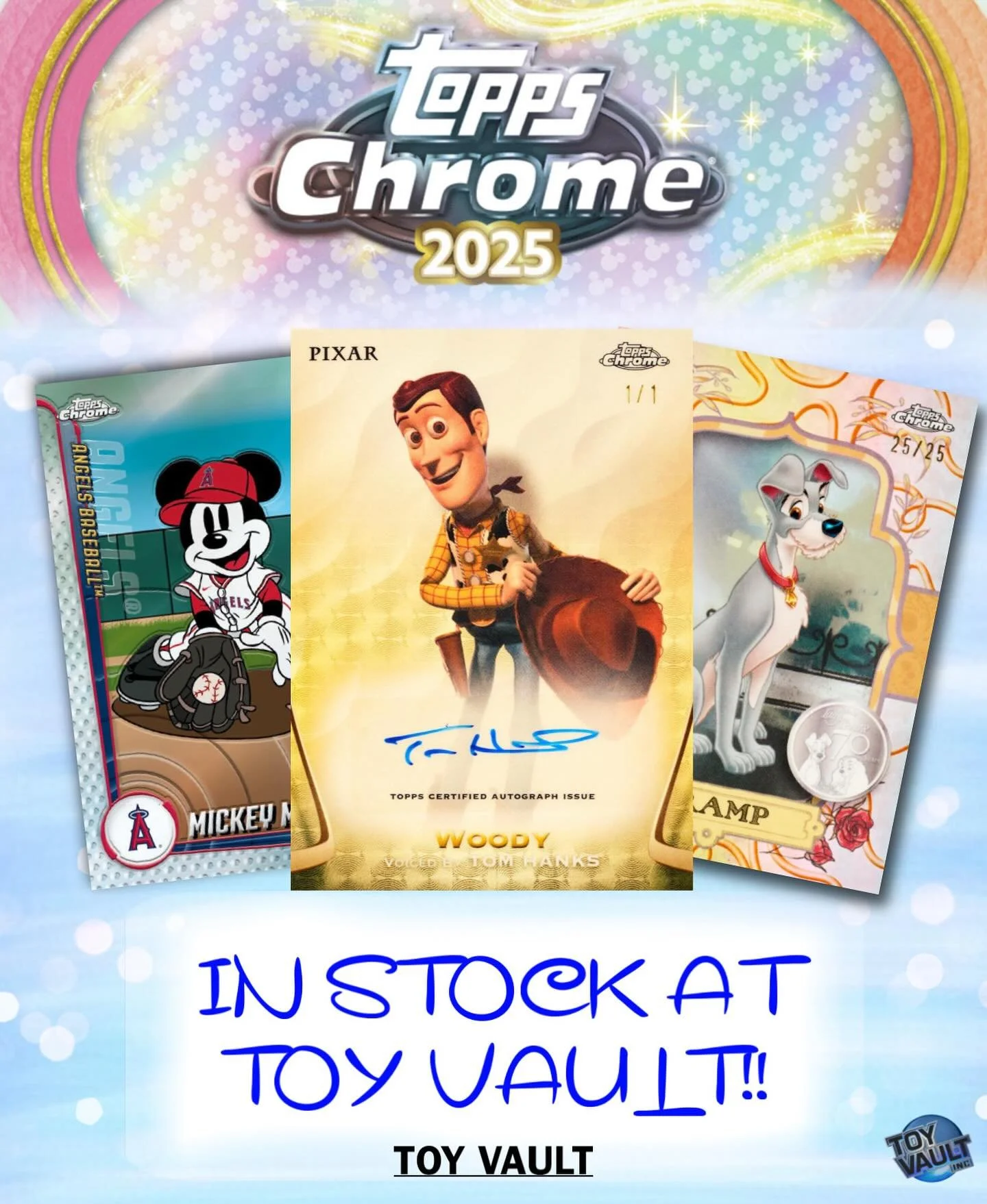More Cards hitting our stores this week!! Disney Topps Chrome!! Featuring beloved characters from classic films and modern favorites, this premium collection shines with vibrant chrome designs, exclusive parallels, and the chance to pull rare inserts