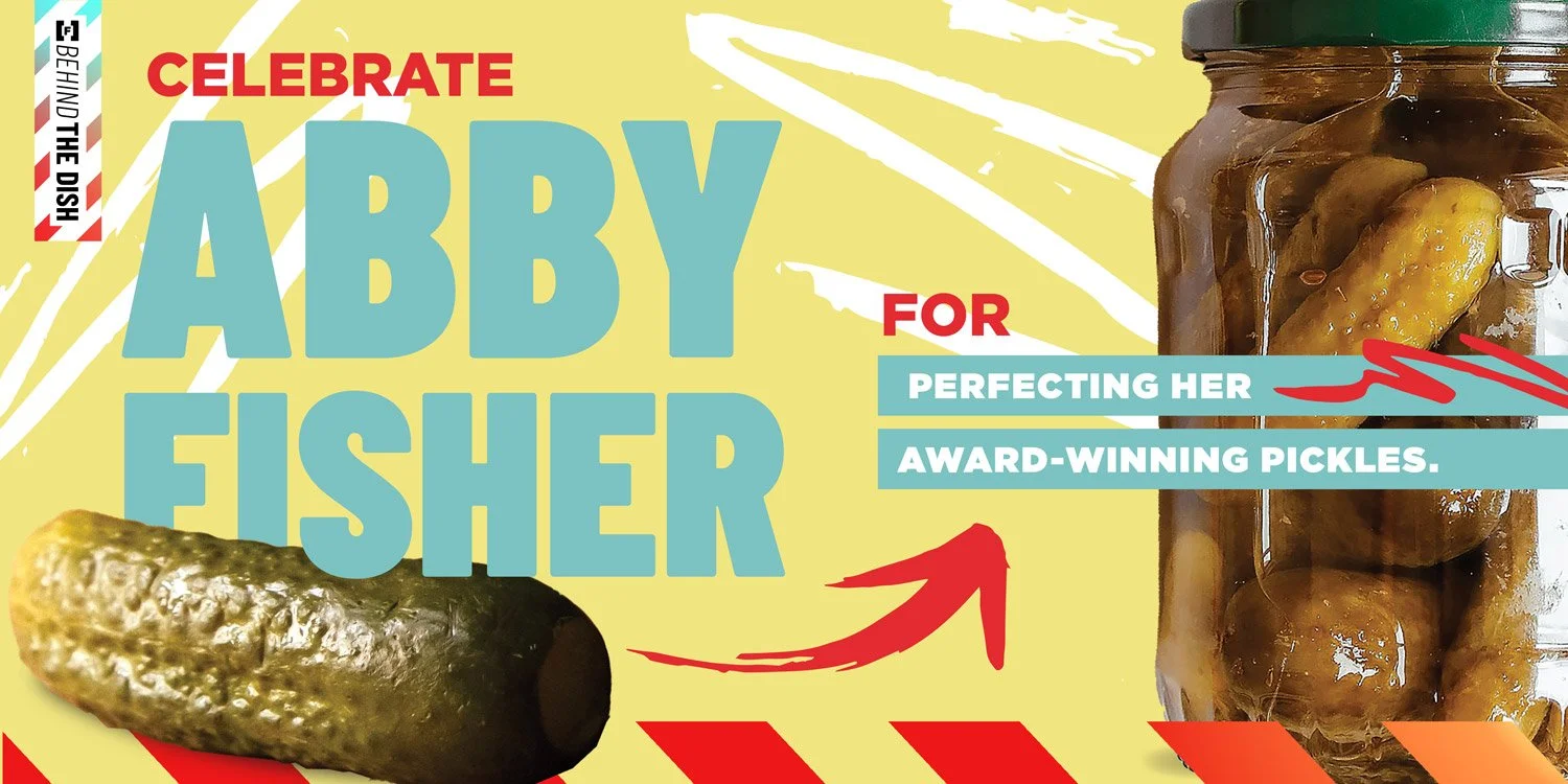 Book cover with text promoting an Abby Fisher cookbook. Features a jar of pickles and a pickle on the cover, with yellow, red, and blue text. TGI Fridays