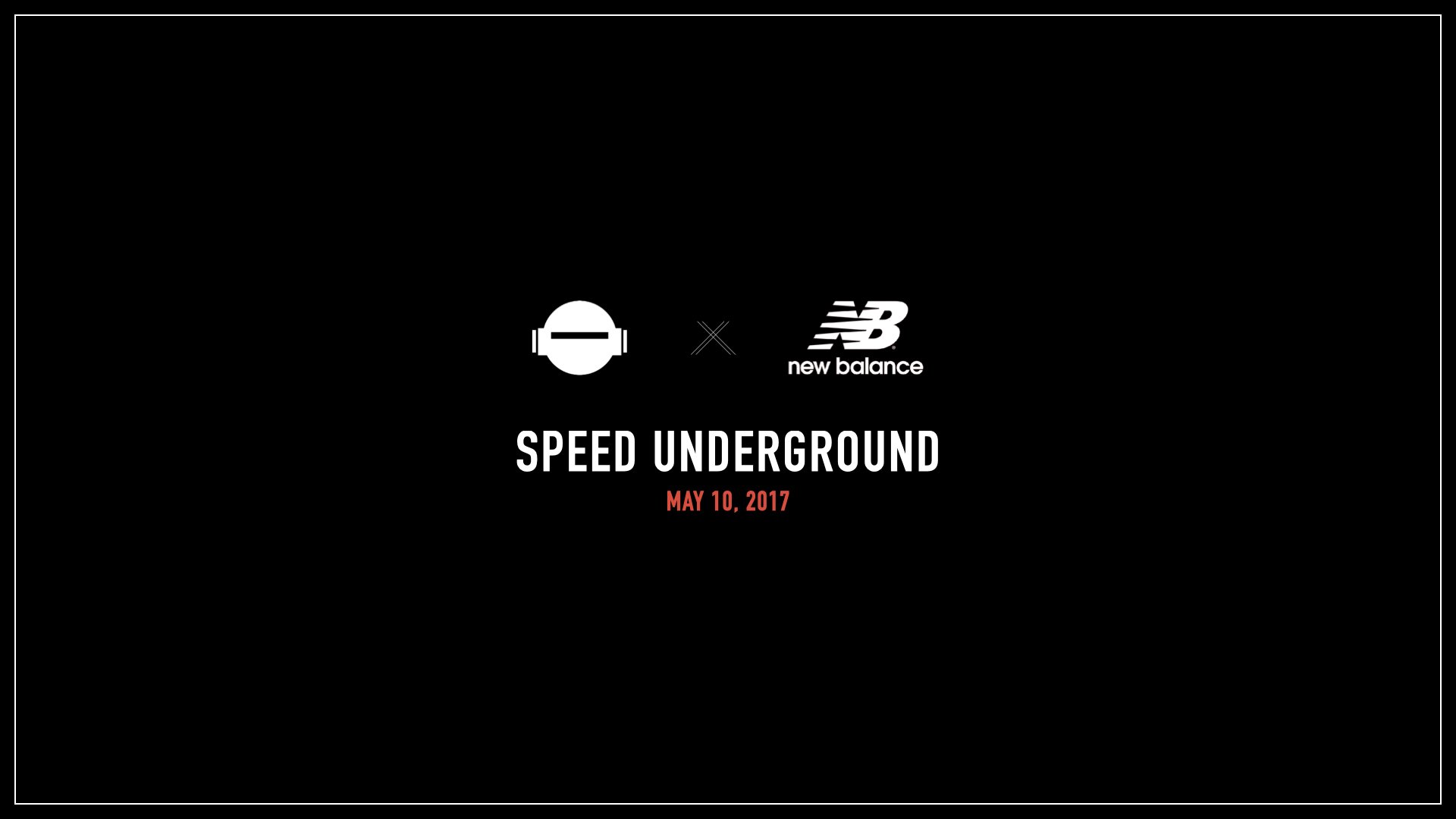 Black background with white and red text and logos, promoting a collaboration event between Tracksmith and New Balance titled 'Speed Underground' on May 10, 2017.