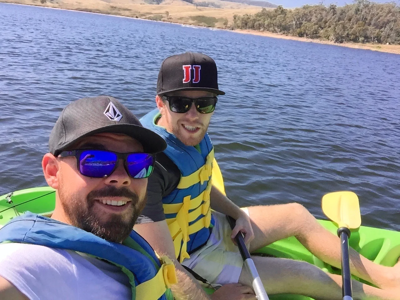 The Lazy Rhino Team kayaking on Lake Lyell