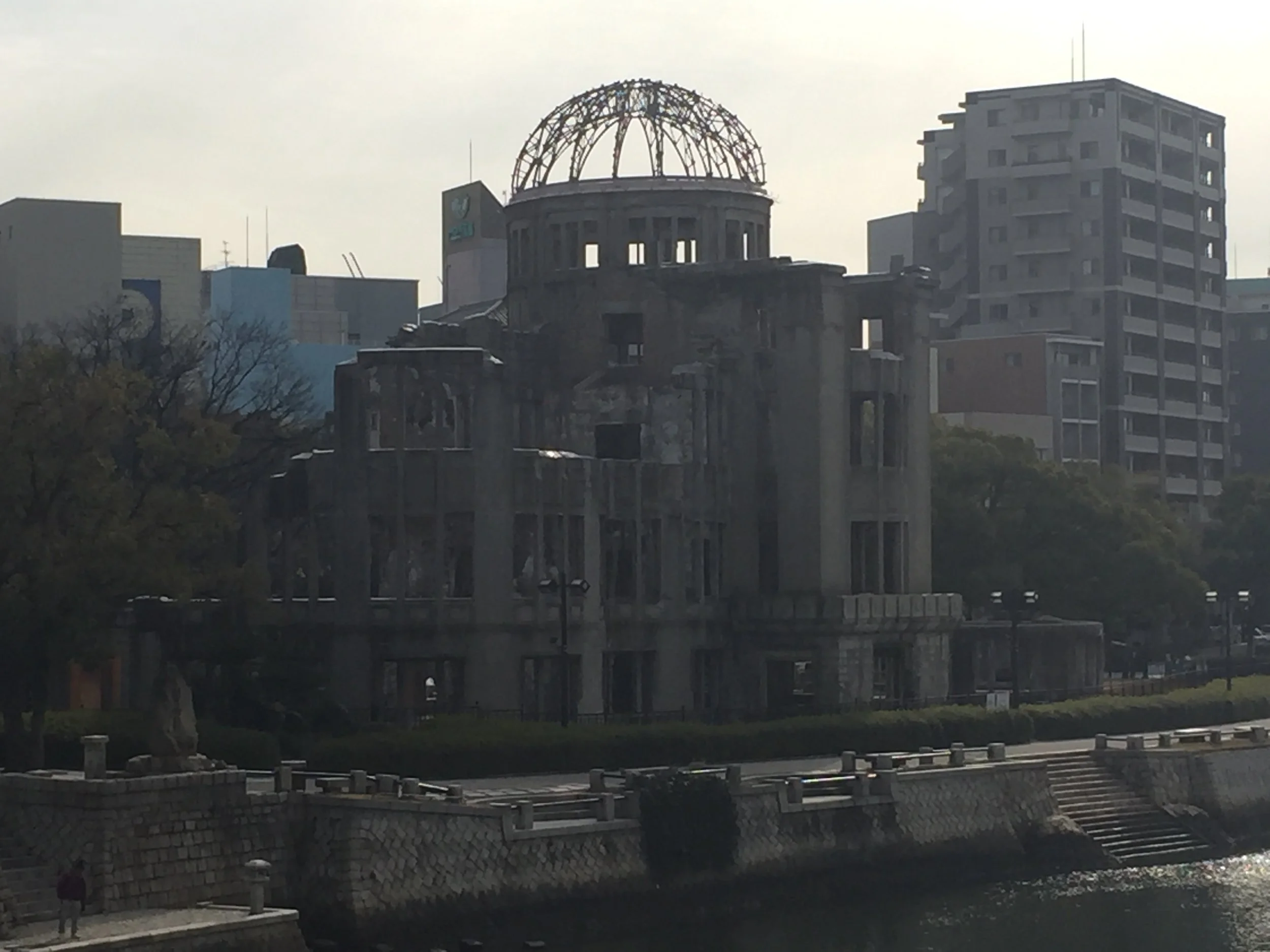 The Genbaku Dome was the only building left standing after the atomic bomb was dropped. The building owes its survival to being directly under the blast which in turn compressed the building rather than blowing it apart.