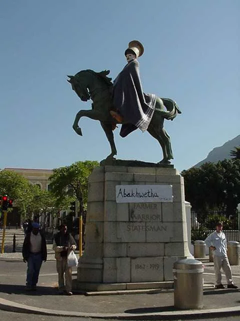 Abakhwetha: a public art intervention by Beezy Bailey transforms a statue of an Afrikaner hero into a Xhosa initiate. Part of the 1999 Public Eye, PTO initiative. Photograph courtesy of Public Eye 