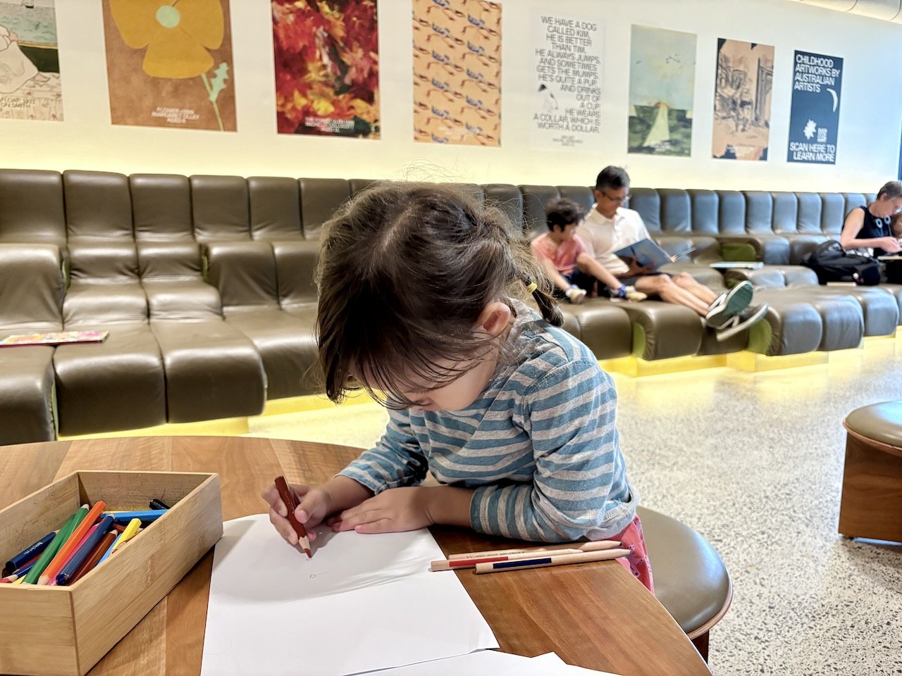 It had a fantastic reading area, and so many kids' books (Australian and International authors). Plus tables to draw.