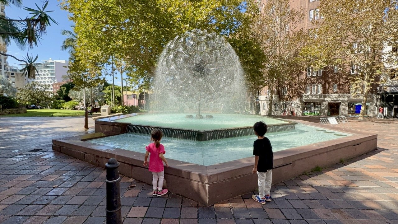 Seeing the fountain on for the first time! (I guess because we're early enough.)