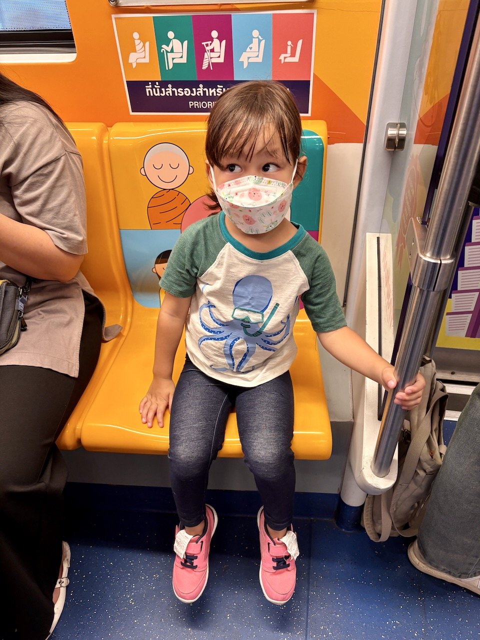 (Enjoying her seat privilege; good thing there were no monks on the train!)