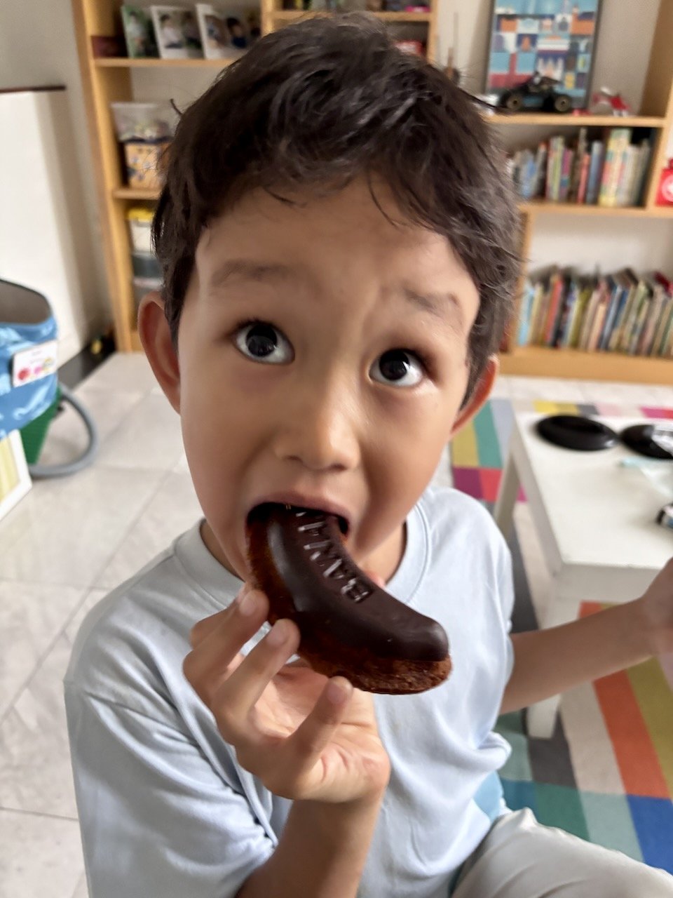 Enjoying their fresh chocolate bananas.