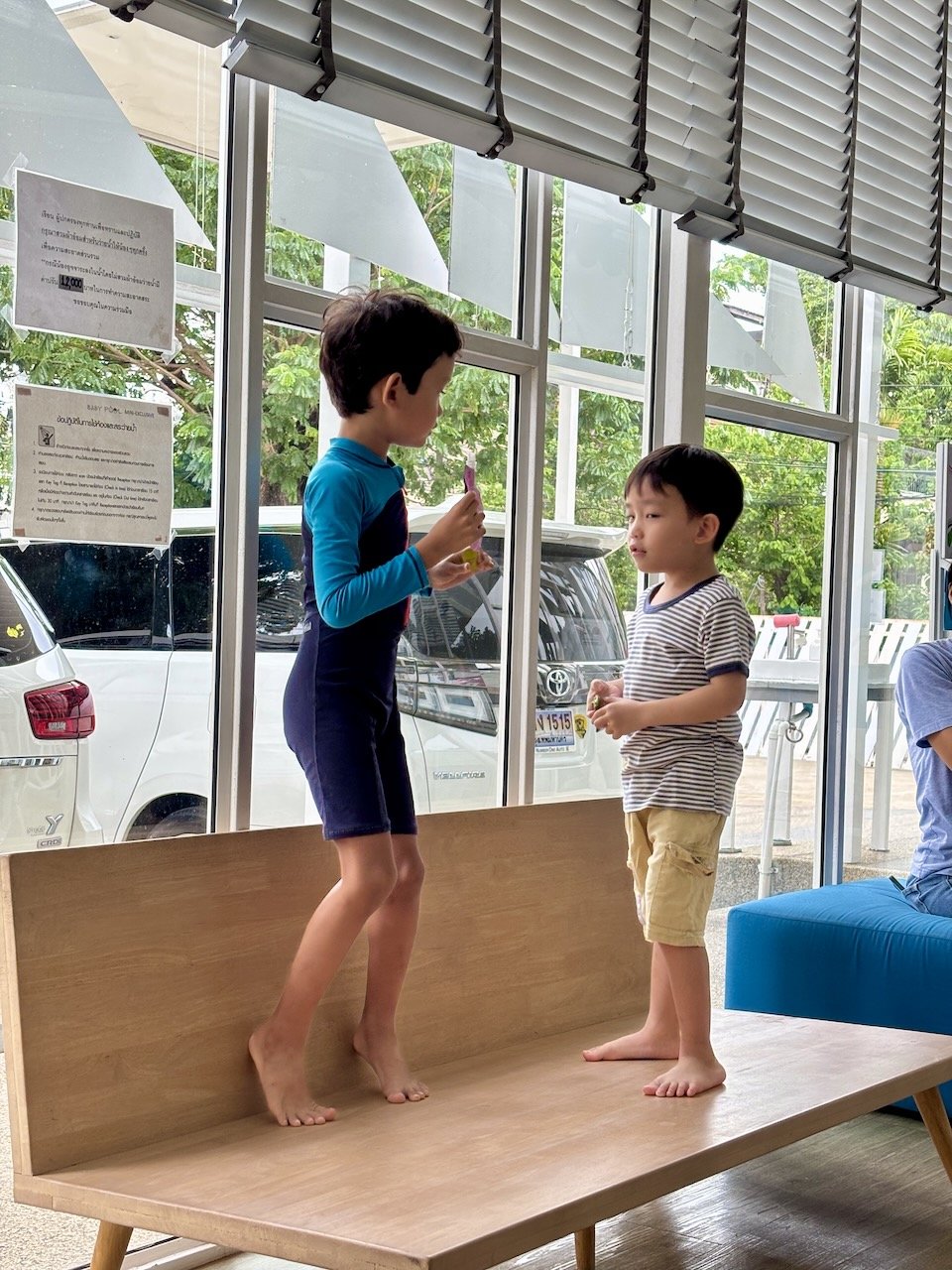 Hanging out with Brooklyn (who's still there) before Arlo's lesson starts.