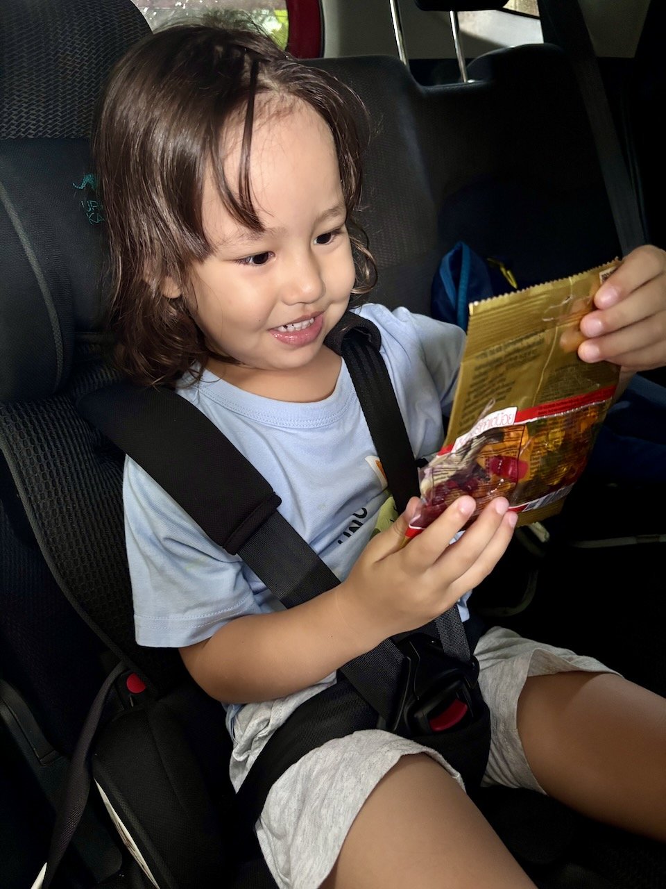 Someone is thrilled to be given a *whole bag* of gummy bears... but demonstrates commendable self-restraint!