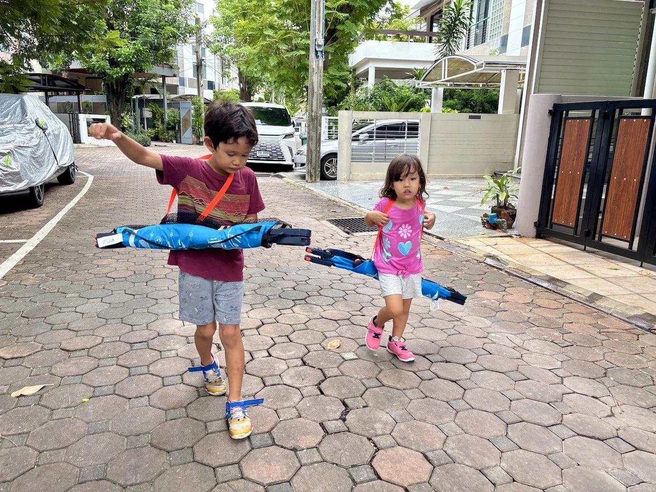 Heading to the basketball court to play some football.