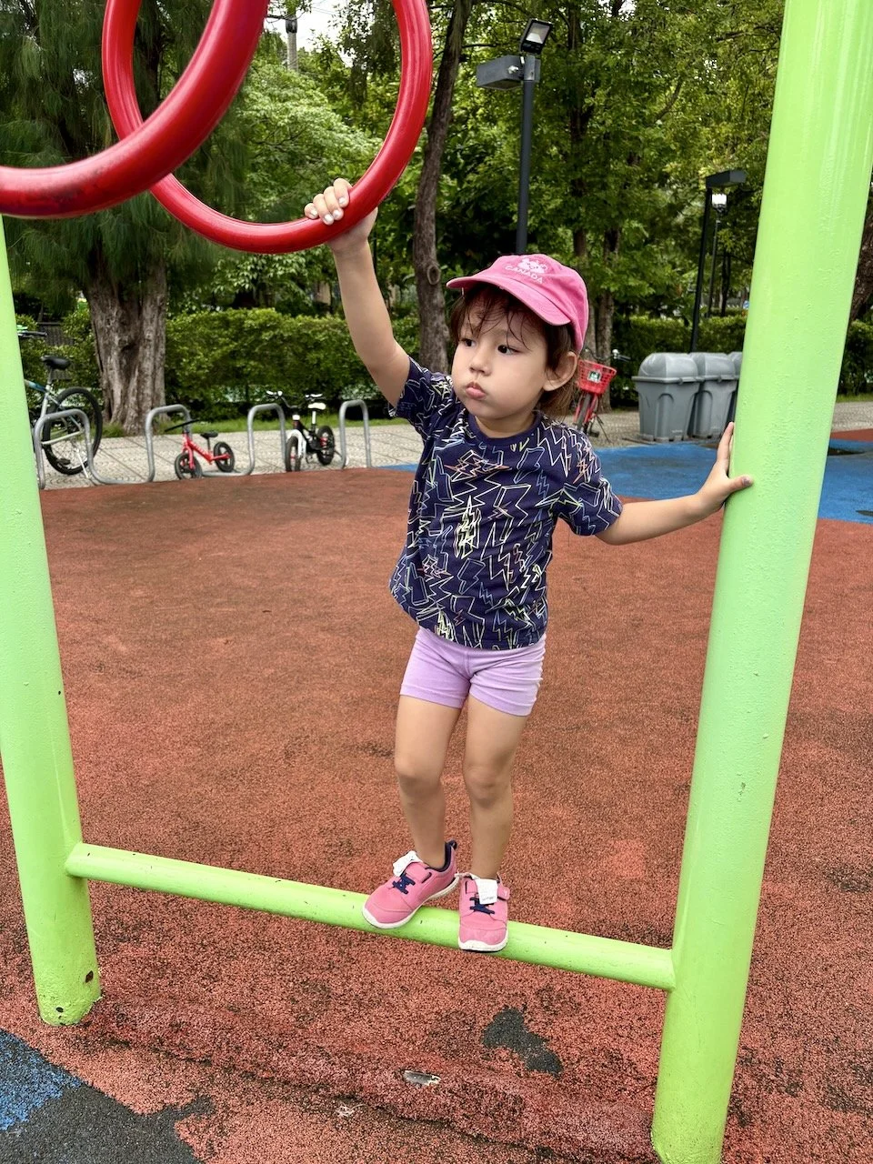 With determination, Lucy is working her way toward the monkey bars.