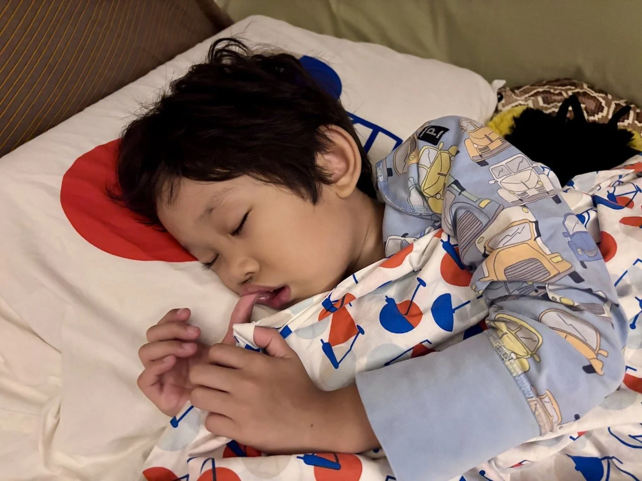 Exhausted from the day (the year?) someone fell asleep on his own, well before bedtime.