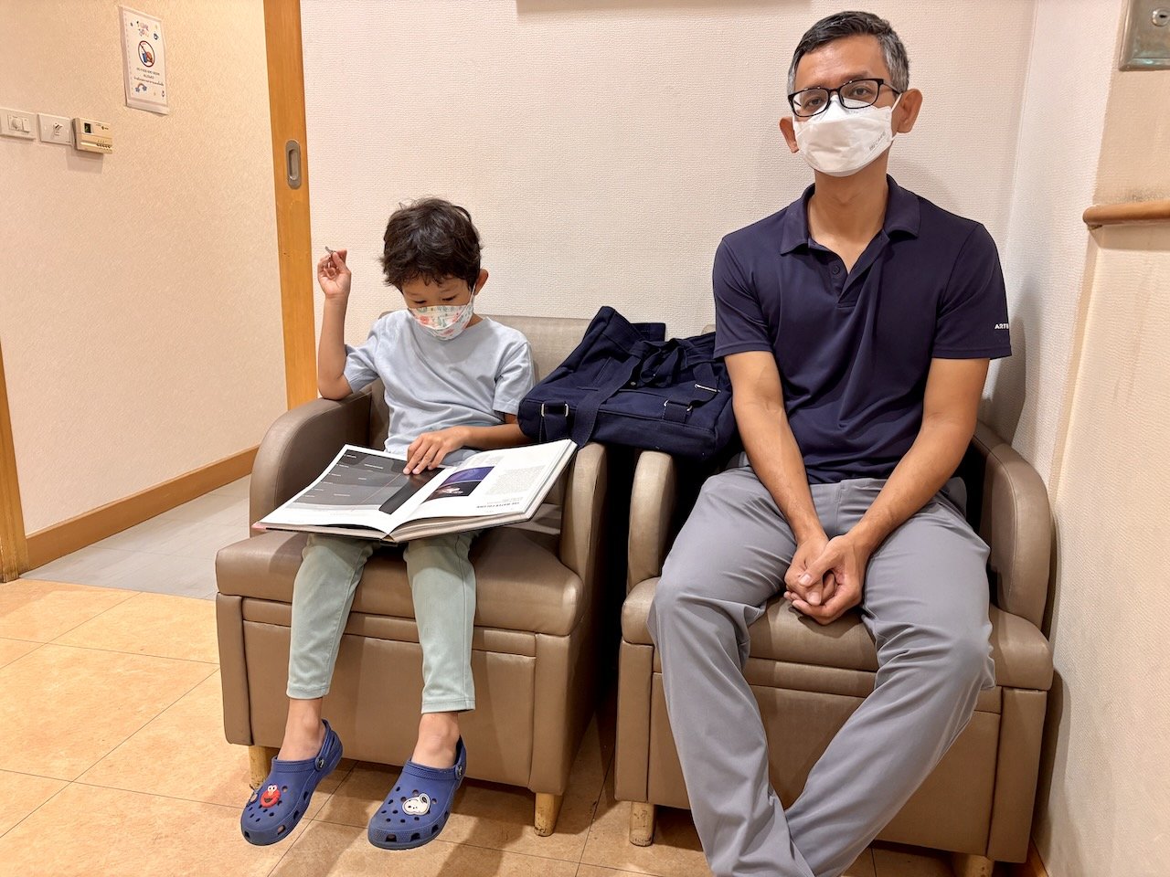 Annual eye check-up. Arlo brought his deep sea textbook to read while waiting.