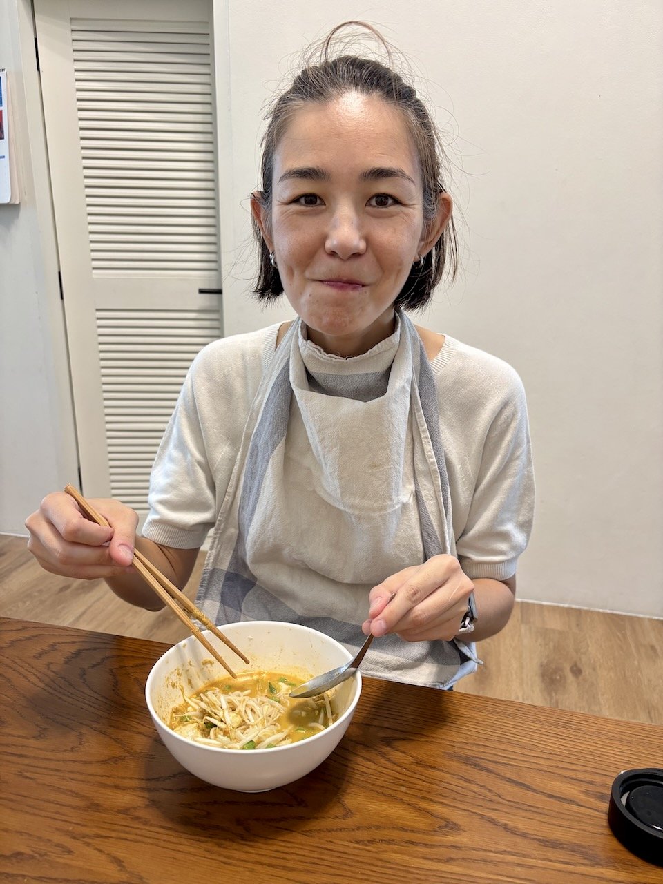 Mum's learned the hard way to suit up when consuming khao soi and khanom jeen.