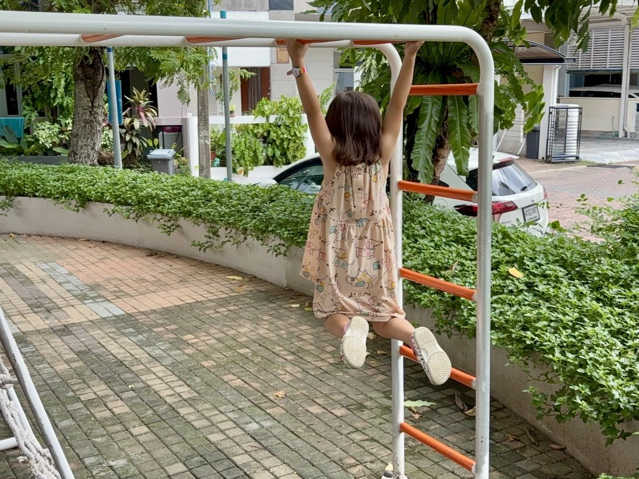 Getting comfortable on the monkey bars.