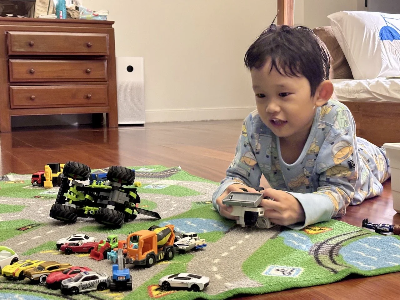 Arlo's favorite bedtime game: car store.