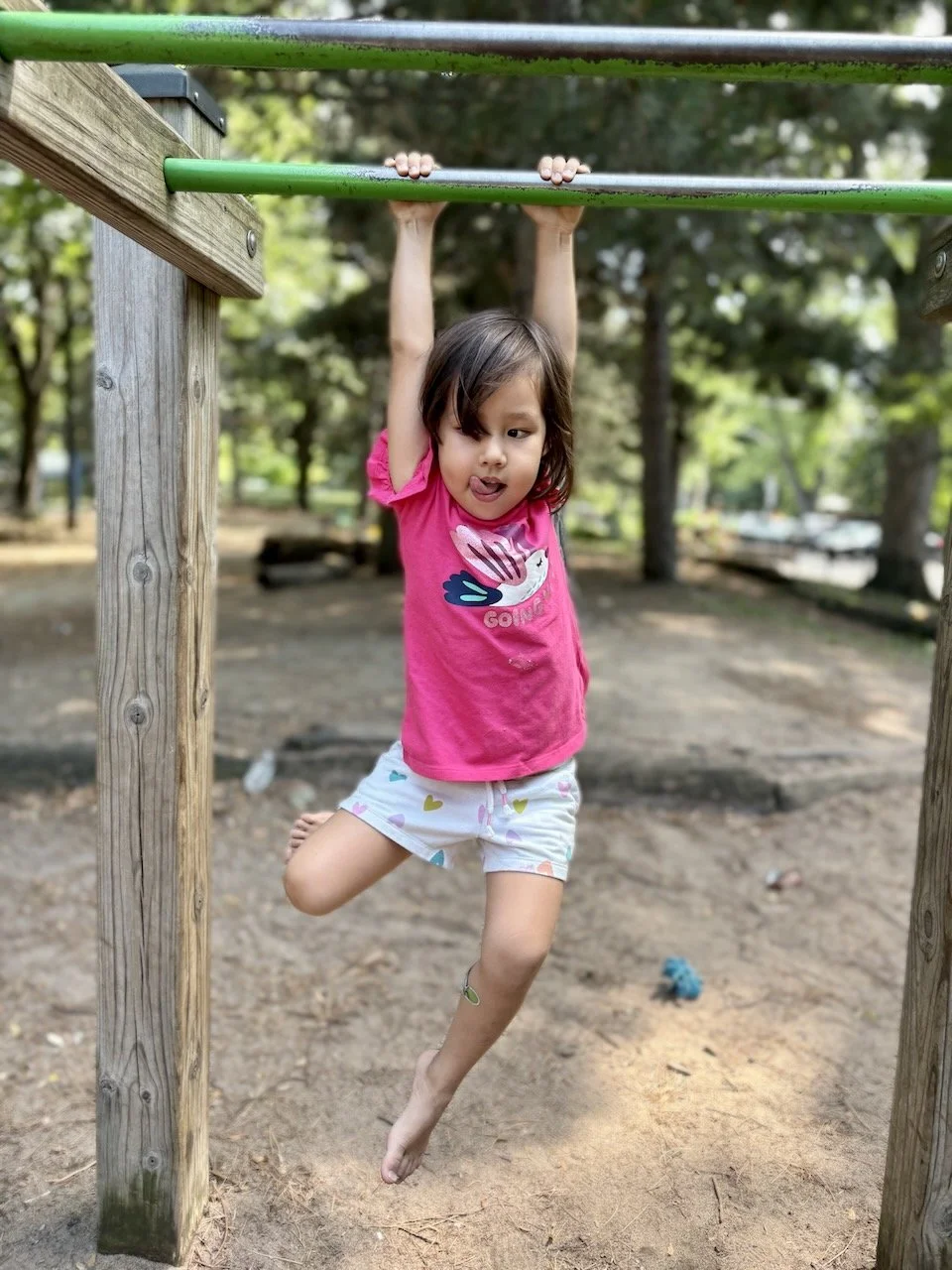 The first of her many monkey bar practices throughout the trip.