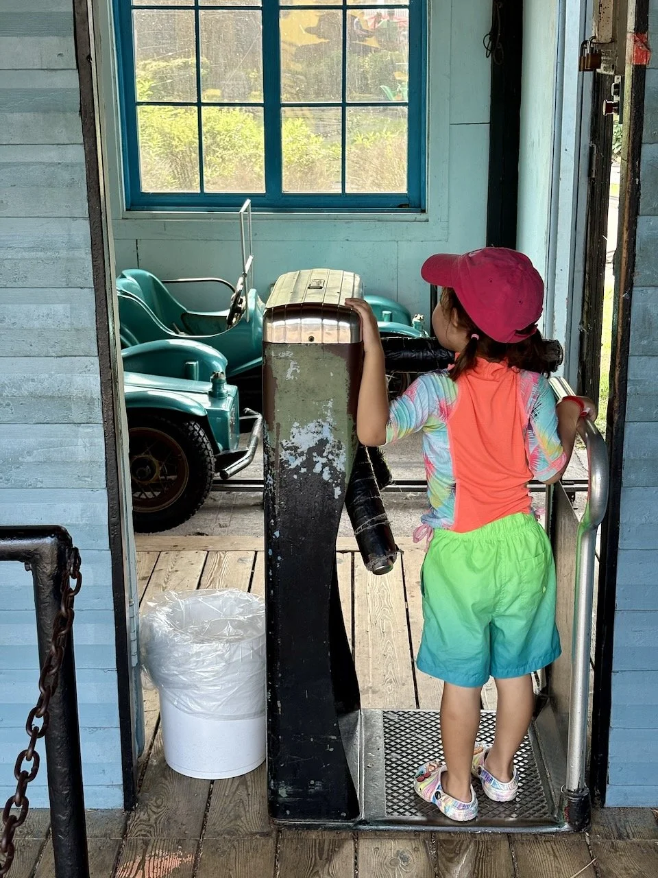 ... and more antique cars. No need to change out of our swim suits!