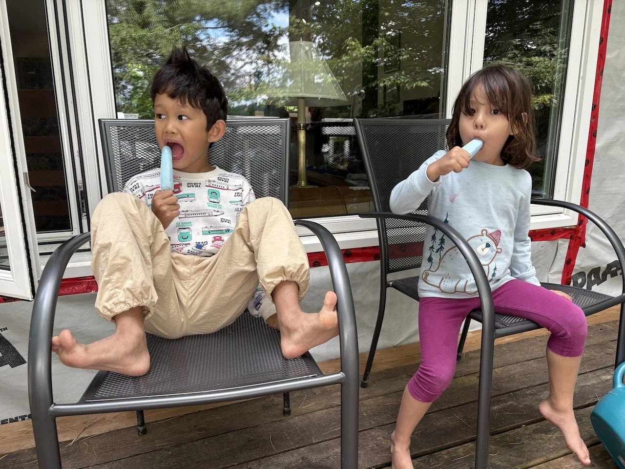Granny bought very bright, colorful popsicles for these two lucky ducks.
