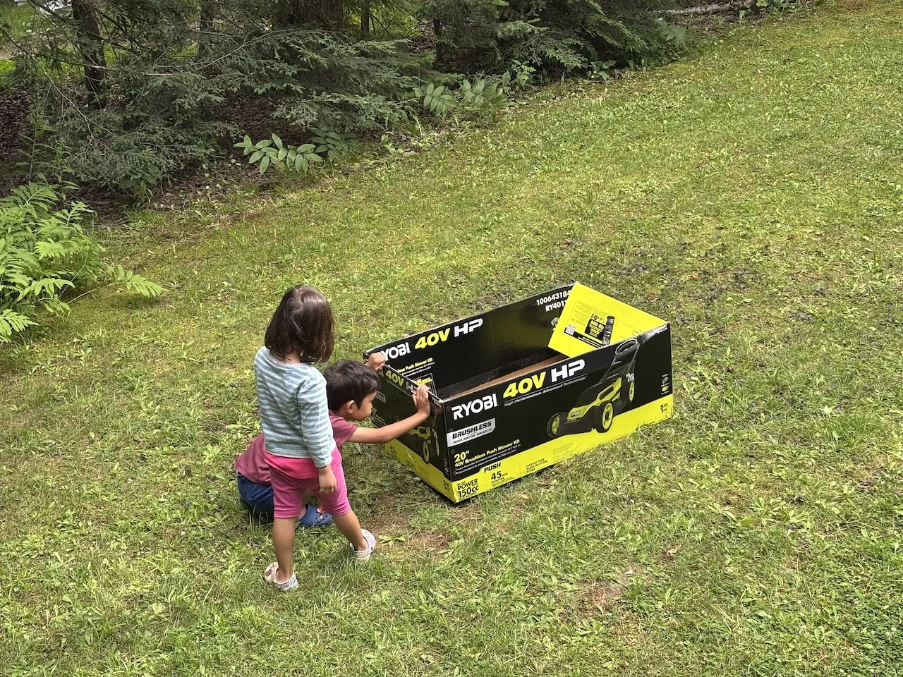 Back at the cottage, more fun with the lawnmower box.