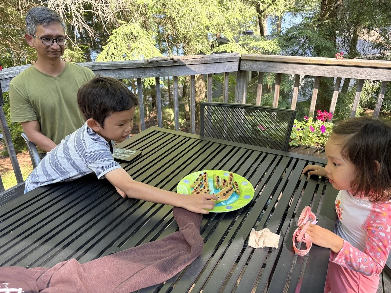 Ants on a log: a moderately successful snack. The celery was deeply rejected.