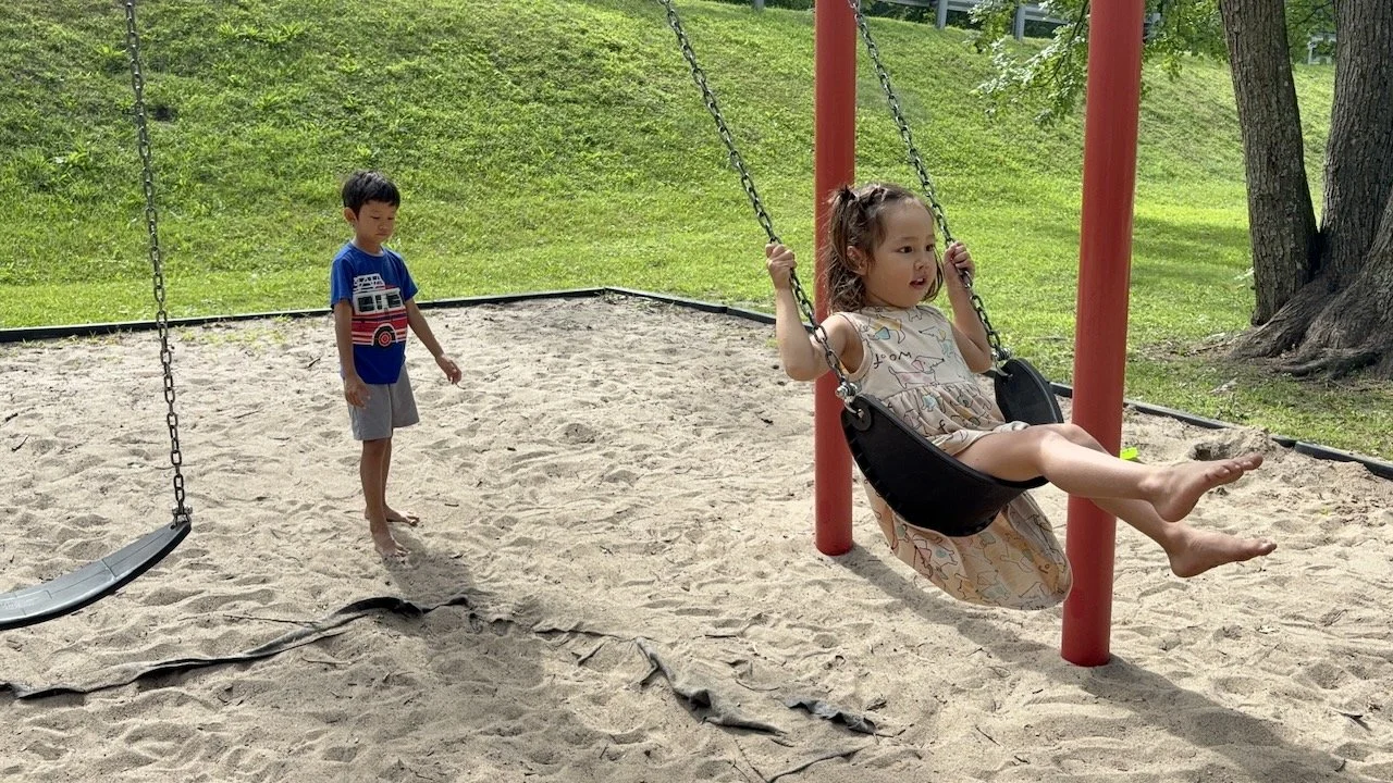 Pushing each other on the swings - what a lark!