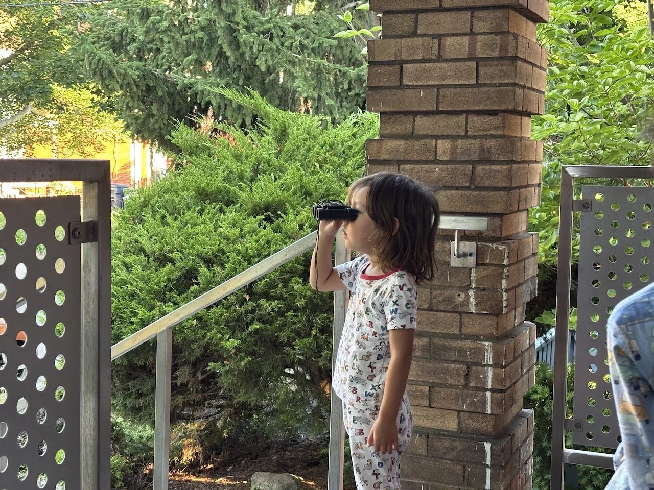 Using Granny's old binoculars to spy (not-so-subtly) on the neighbors.
