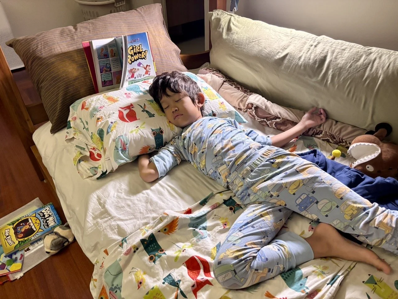 Asleep under a stack of Dog Man books.