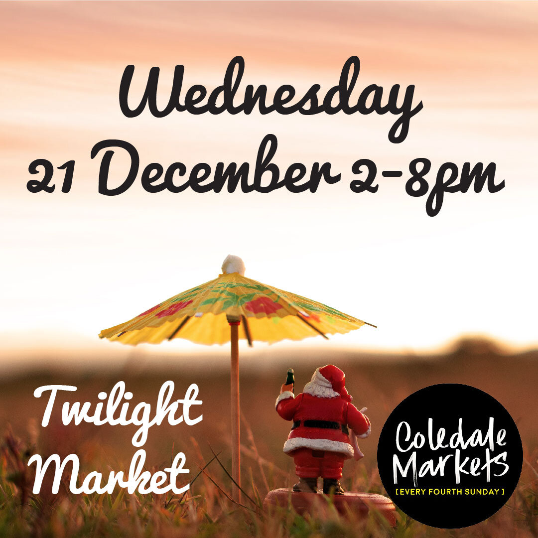 COLEDALE TWILIGHT MARKET, WEDNESDAY 21 DECEMBER, 2-8PM.

Coledale Markets are the Original Coal Coast Markets.

 Est. 2002 in the grounds of Coledale Public School, 60km south of Sydney along the scenic Grand Pacific Drive.

&ndash; Coledale Markets
