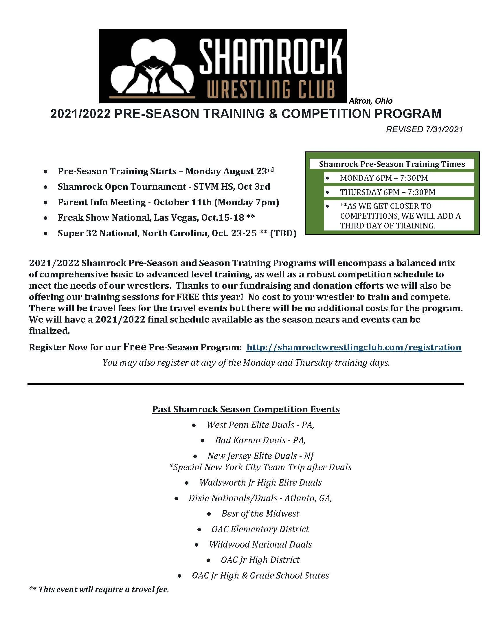 2021/2022 Pre-Season Training & Competition Program Released