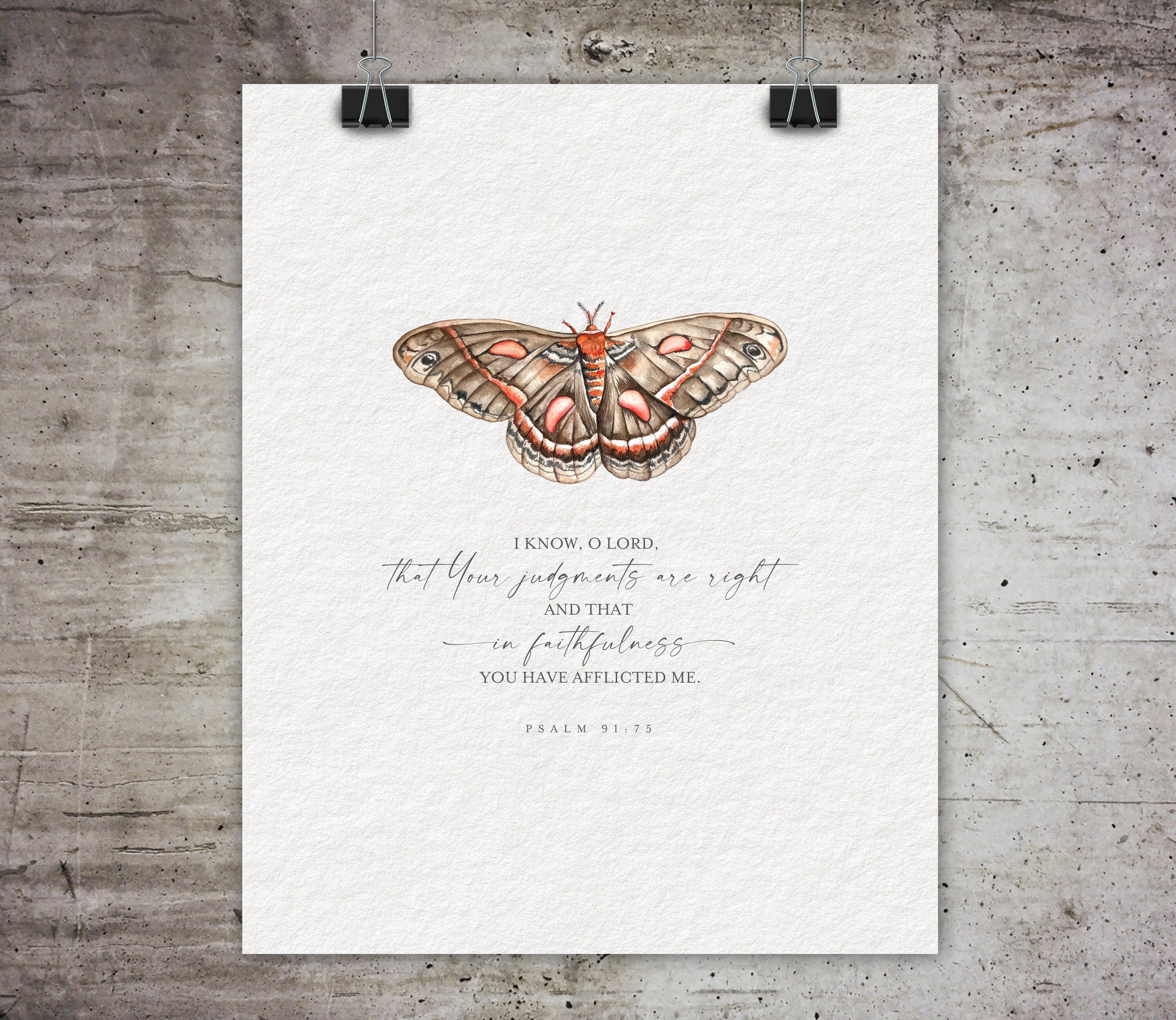 Psalm 91 ~ Moth Wall Decor ~ Hand Painted Watercolor Digital Printable Download ~ Bible ~ Christian Wall Art Verse Scripture Butterfly