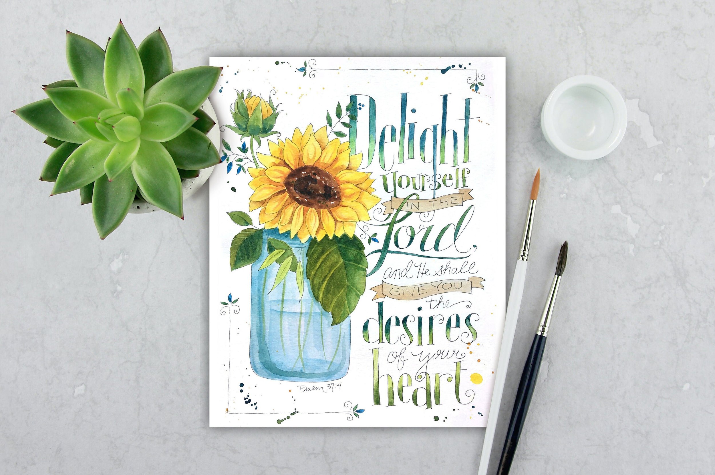 Psalm 37 Hand Painted Watercolor Digital Printable Fine Art Print Bible Quote Christian Verse Delight Lord Room Decor Scripture Sunflower