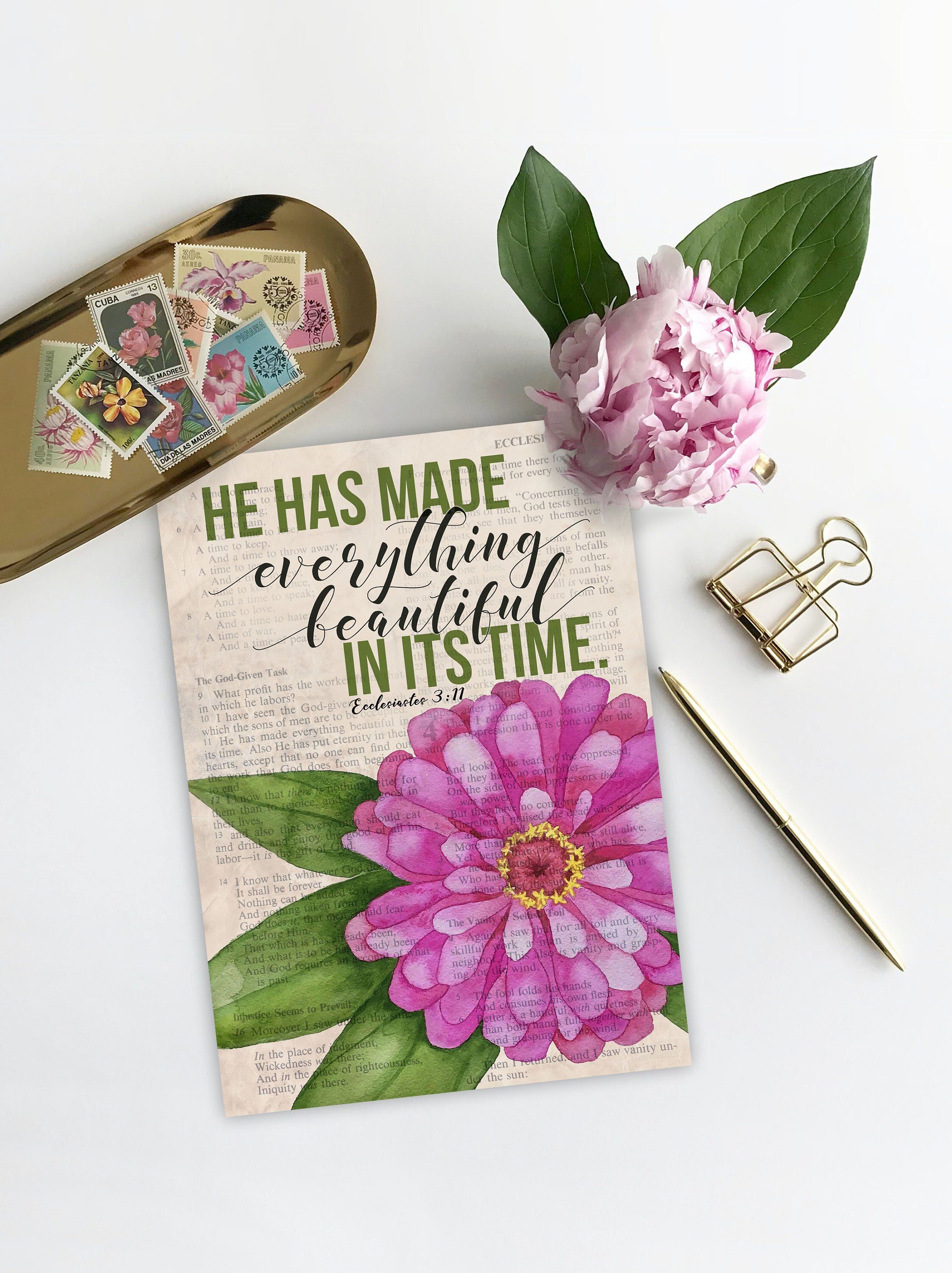 Ecclesiastes All Things Beautiful Hand Painted Watercolor Digital Printable Bible Print Christian Wall Art Verse Biblical Scripture Flower